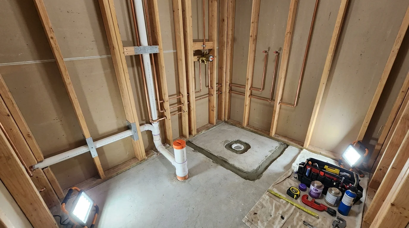 Bathroom rough-in plumbing during remodel by Johns Plumbing LLC in Rockford