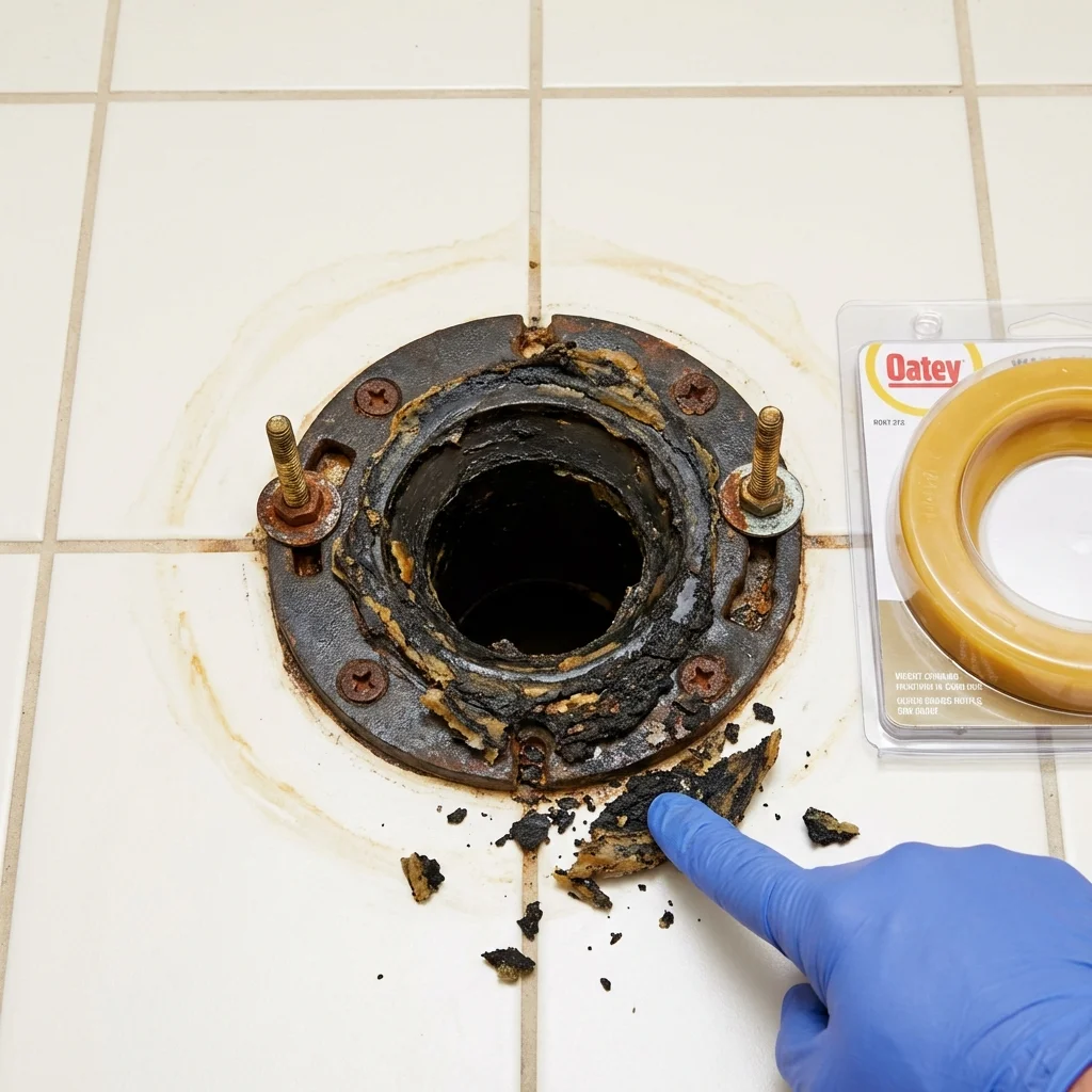 Failed wax ring showing water seepage at the base of a toilet in a Rockford, OH home
