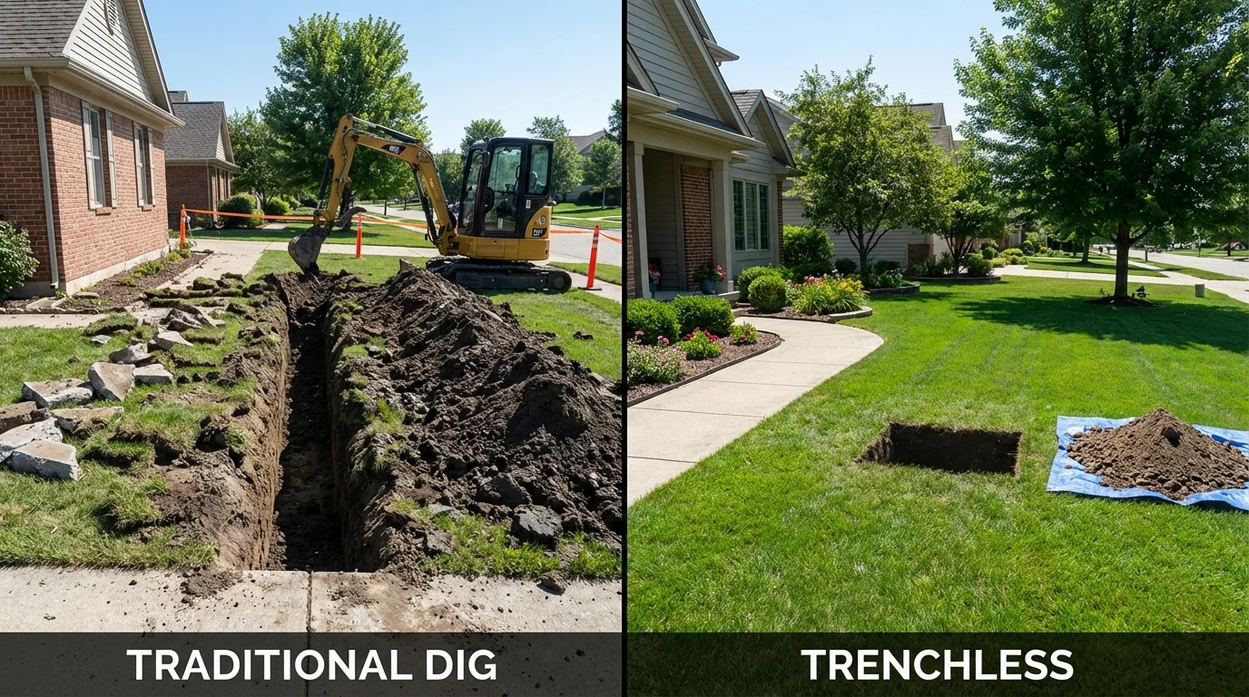 Trenchless sewer repair with minimal yard damage versus traditional excavation in Rockford, OH