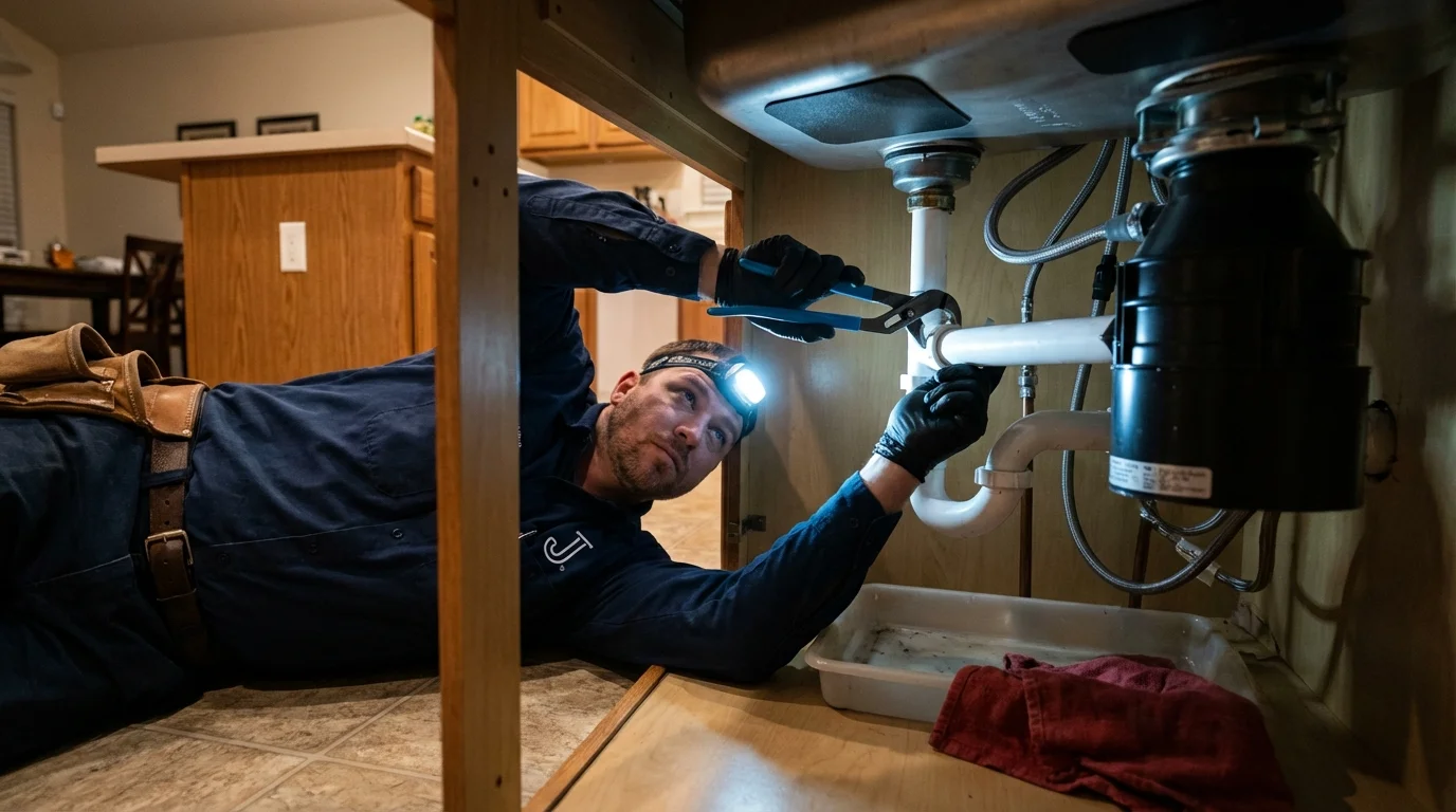 P-trap and supply line connections under a kitchen sink showing a common leak point in Rockford, OH